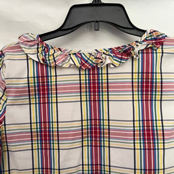 Talbots Plaid Bell Sleeve Womens Top Small Petite White Ruffles Academia Preppy - Picture 6 of 16